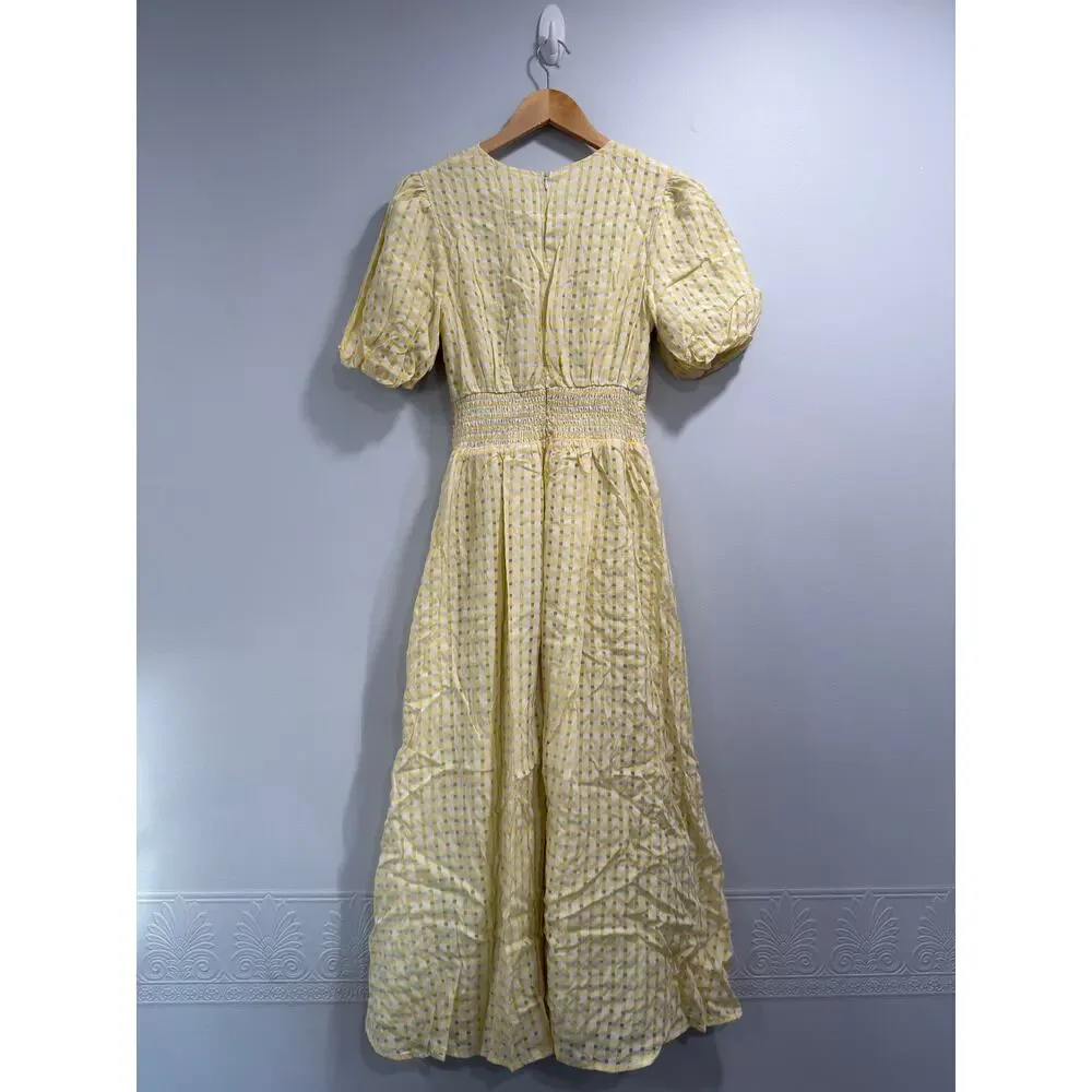 Commense Butter Yellow Plaid Picnic Whimsy Cottage Button Front Maxi Dress NWT M - Picture 4 of 5